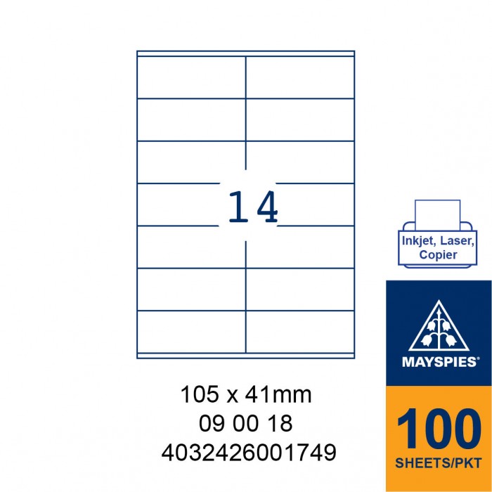 MAYSPIES 09 00 18 LABEL FOR INKJET / LASER / COPIER 100 SHEETS/PKT WHITE 105X41MM